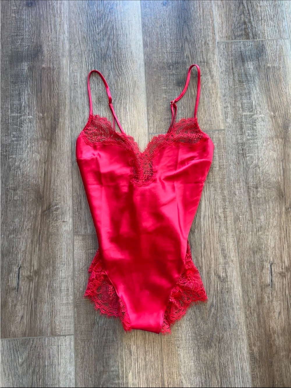 Victoria's Secret Red Satin Lace-Trim Slip Bodysuit